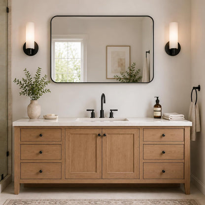 24x36 inch matte black rounded rectangle vanity mirrors, front angle view