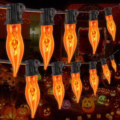 Halloween Lights 27.8 FT Flickering Flame String Lights with 25 Orange C18 Light Bulbs Twinkle C18 E12 Base Flame Lights Indoor Outdoor for Halloween Decorations