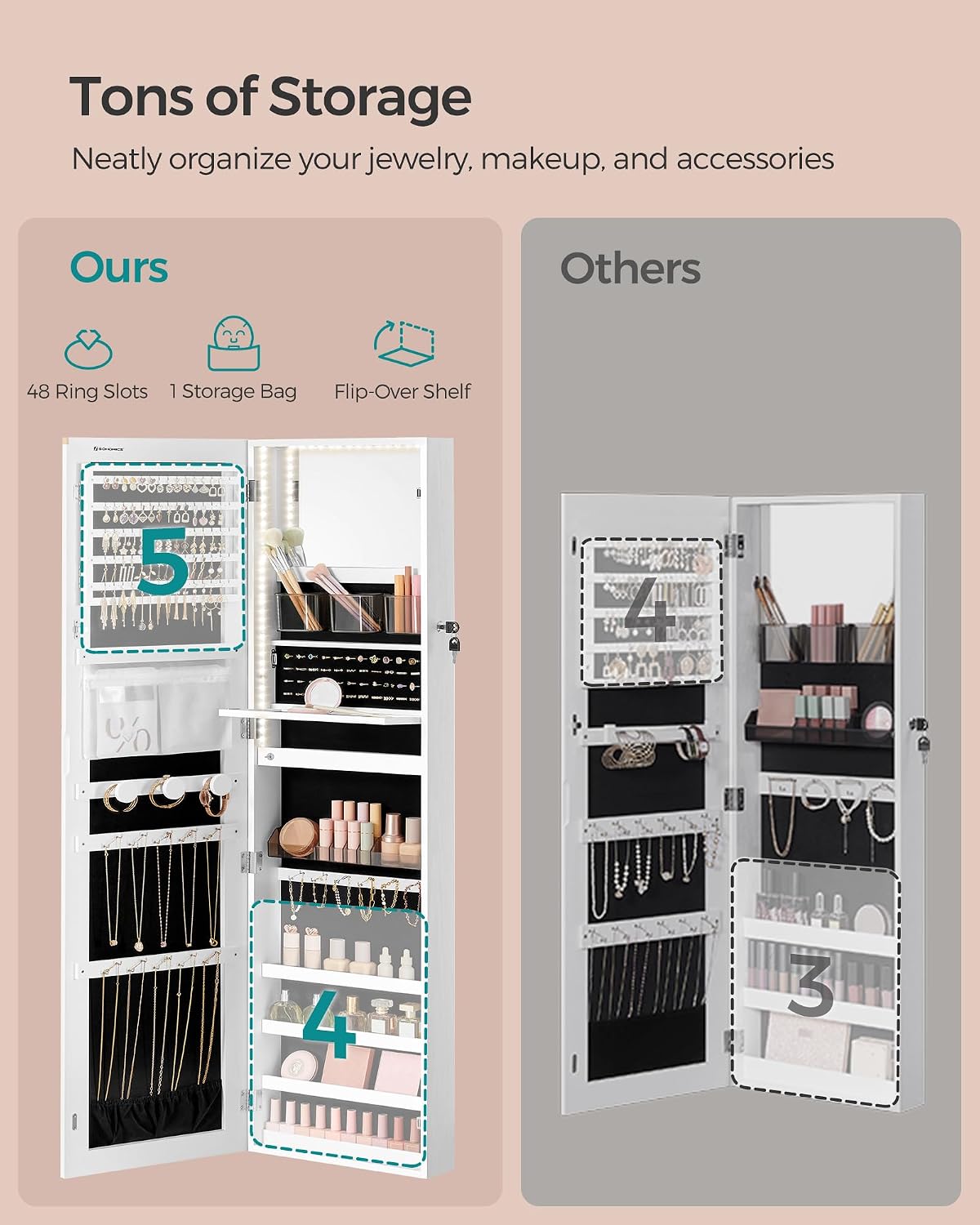 songmics jewelry cabinet armoire with mirror, wall or, side view