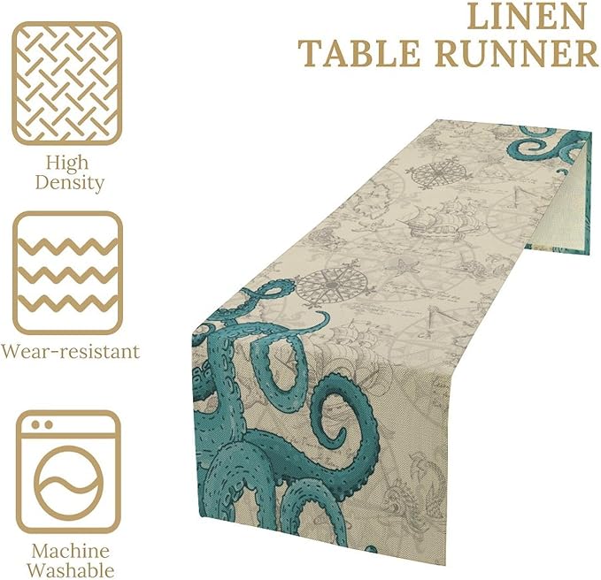 Blue Nautical Octopus Table Runner Vintage Coastal Ocean Anchor Beach Map - Image 4