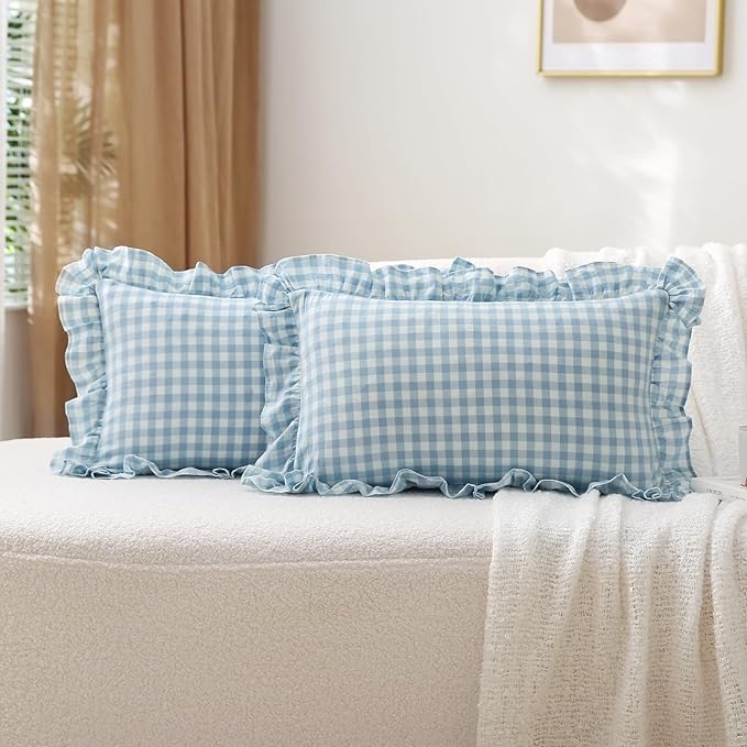 2 Pack Light Blue White Plaid Ruffle Gingham Lumbar Throw Pillow Covers by KMASANIJI