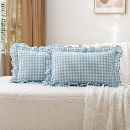2 Pack Light Blue White Plaid Ruffle Gingham Lumbar Throw Pillow Covers by KMASANIJI