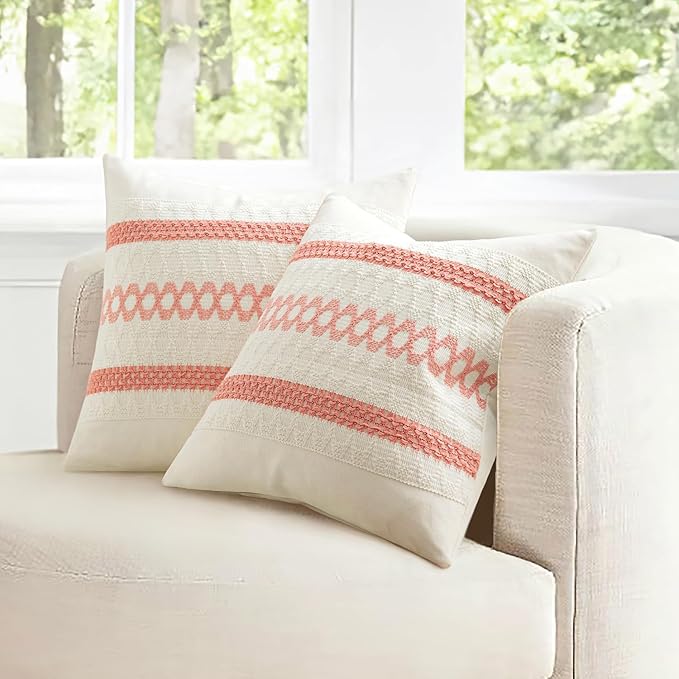 MIULEE Set of 2 Coral Red Boho Decorative Pillow Covers 18x18 Inch Farmhouse - Image 7