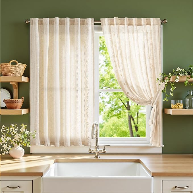 jinchan Winslow Linen Curtains 45 Inch Length Small Window Curtains Embroidered by JINCHAN