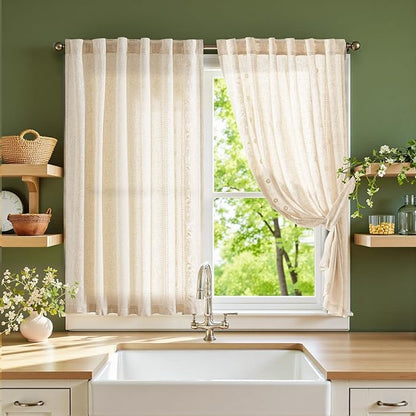 jinchan Winslow Linen Curtains 45 Inch Length Small Window Curtains Embroidered by JINCHAN