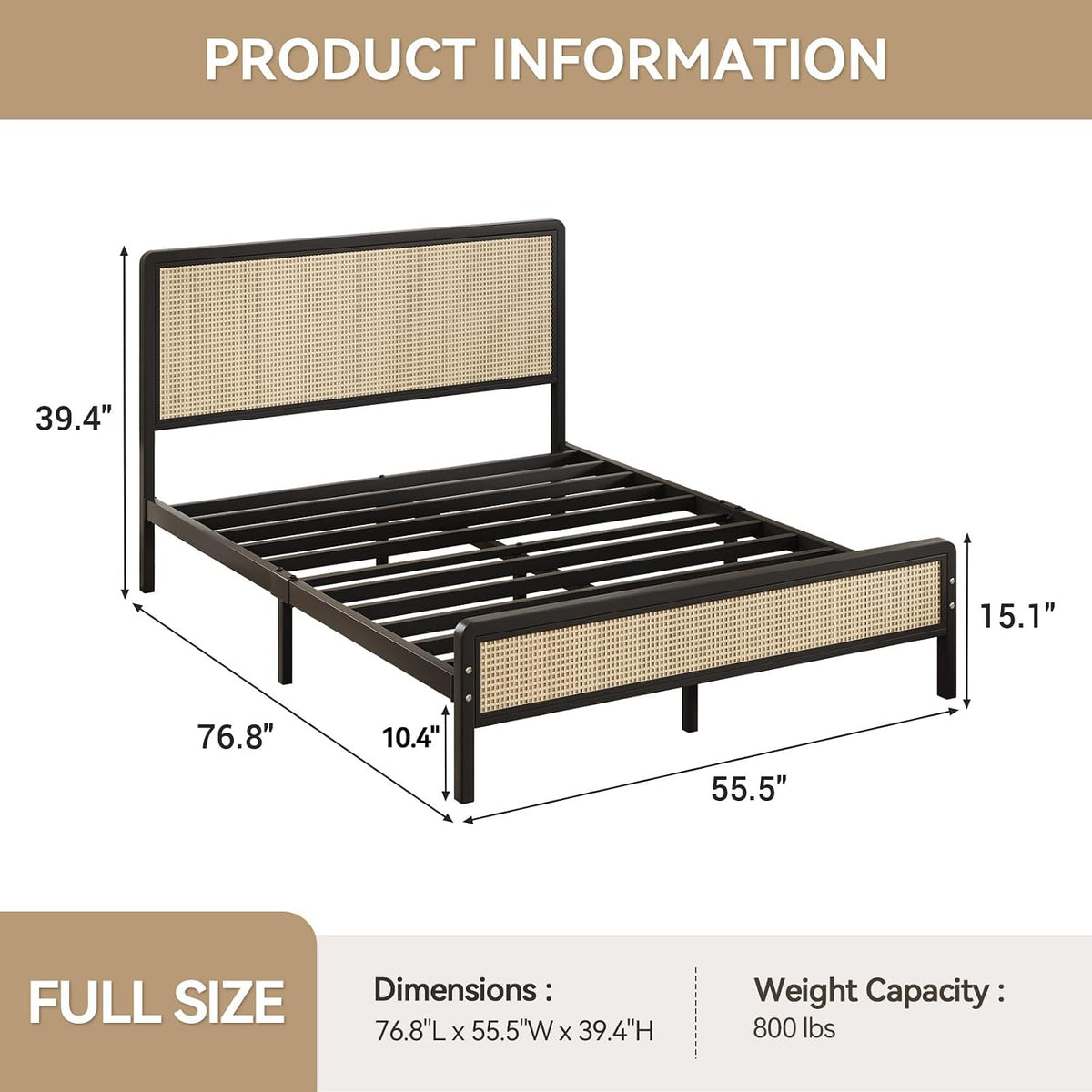immerstable rattan full size bed frame with headboard shown in use
