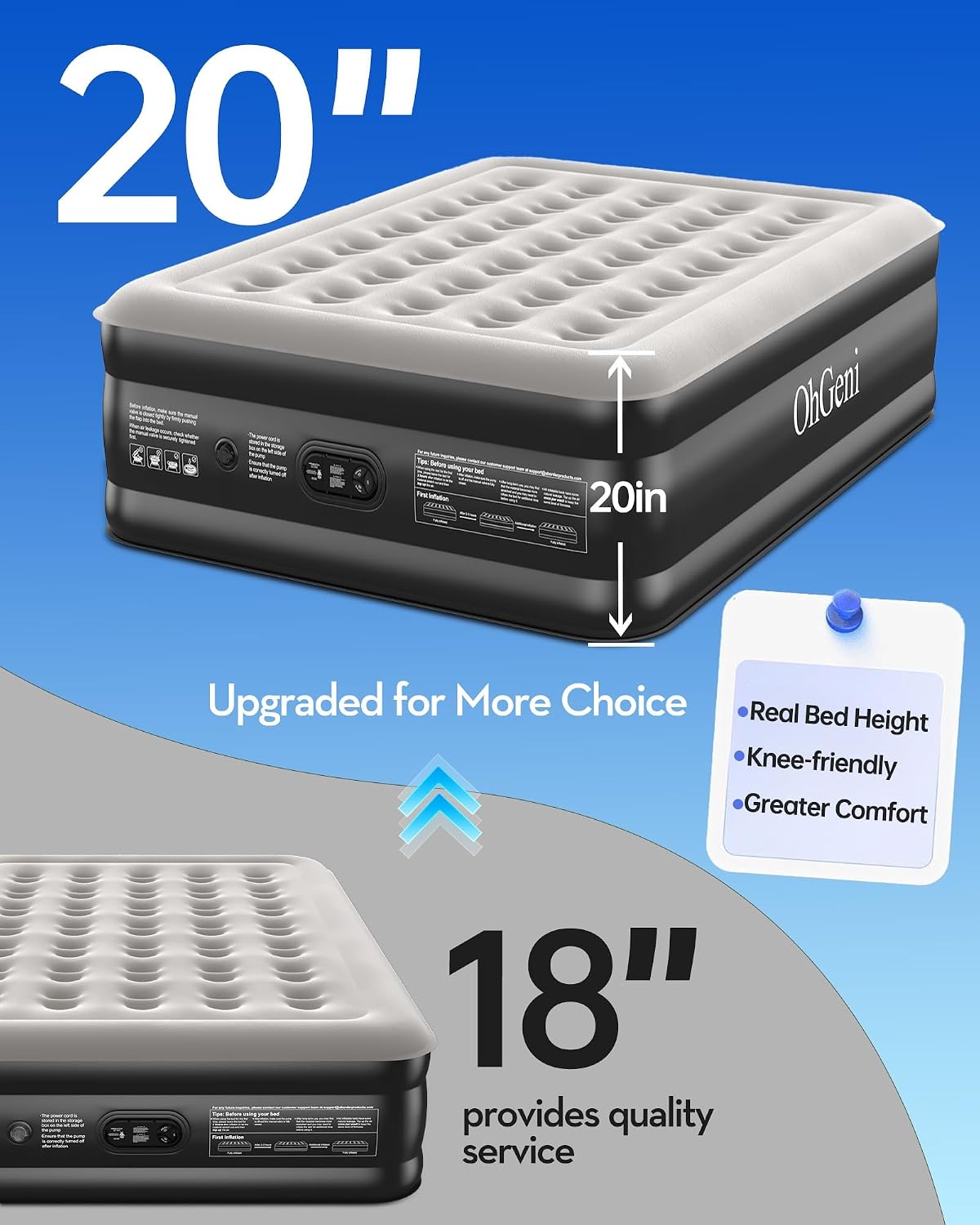 ohgeni 20" raised queen air mattress (1 pack), close-up detail