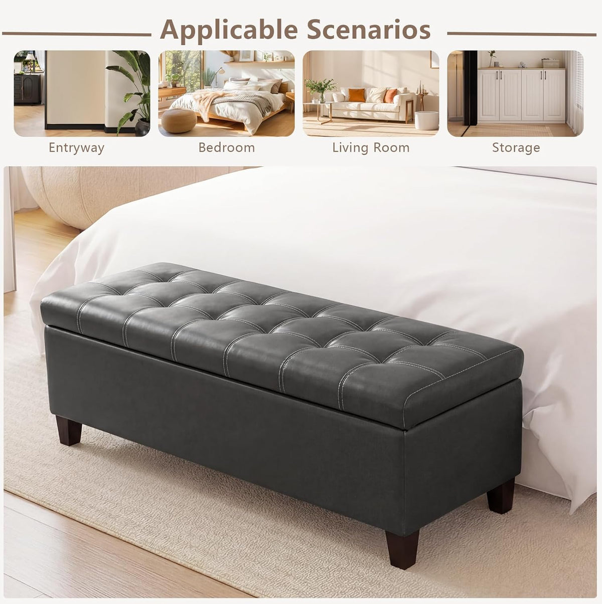 joveco 51 inch storage bench,leather tufted storage ottoman on a desk or shelf
