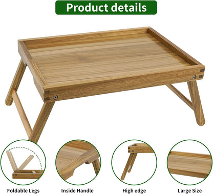 vaefae acacia bed tray table with folding legs, side view