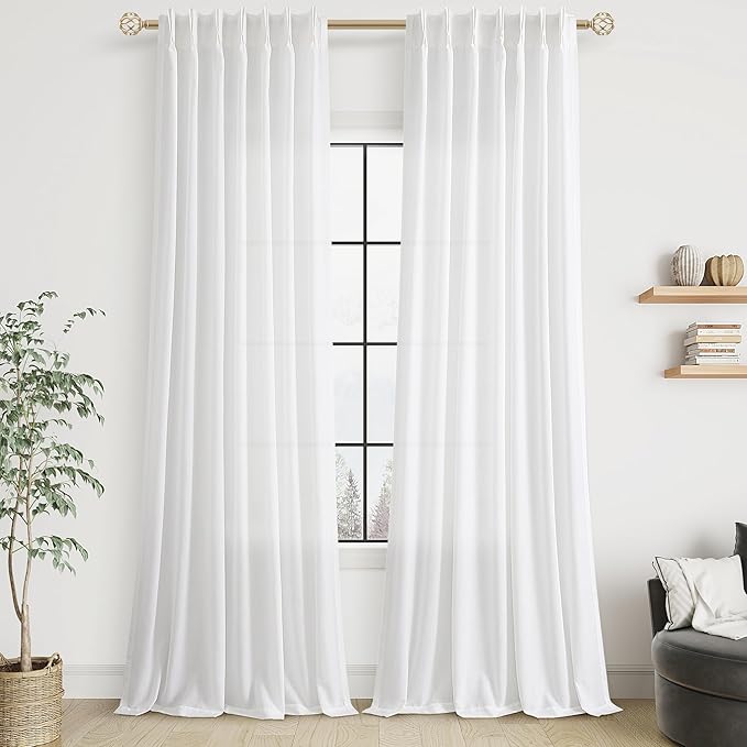White Linen Pinch Pleated Curtains 108 Inches Long 2 Panels - Image 9