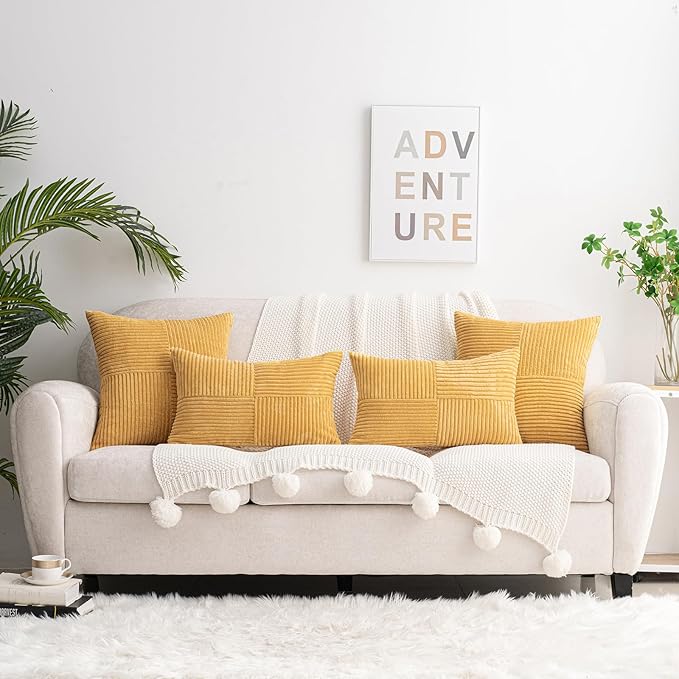 HWY 50 Mustard Yellow Corduroy Patchwork Throw Pillow Covers 18x18 Inch - Image 5