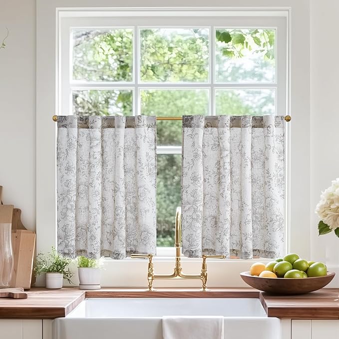 jinchan Linen Floral Tier Curtains 24 Inch Farmhouse Botanic Grey Cafe Curtains by JINCHAN
