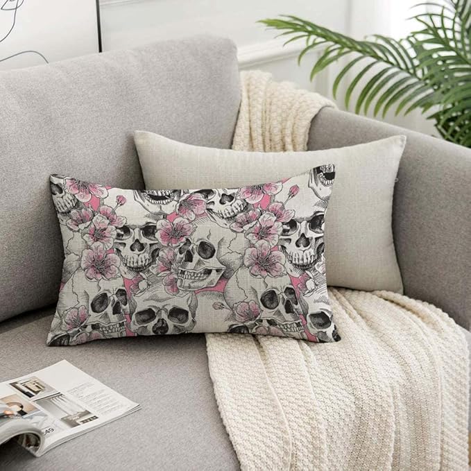 TKS MITLAN Skull and with Flowers Pillow Cover 12x20 inch Pink Cherry Rustic - Image 7