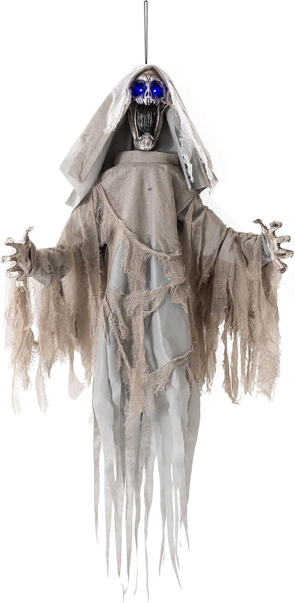 Halloween Animatronics Decorations Scary Hanging Ghost, 59'' Animated Halloween Skeleton Decor Motion Activated with Creepy Sound, Light Up Eyes, Party Decorations for Haunted House Indoor Outdoor
