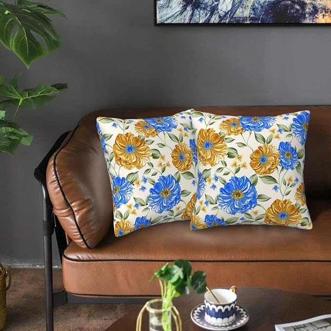 Blue and Yellow Floral Throw Pillow Covers 18x18 Inch Set of 2, Decorative Blue by Unknown