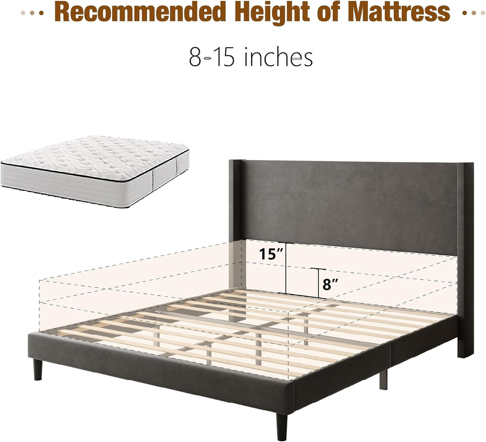 Sismplly Full Bed Frame with Wingback Headboard, Velvet Upholstered Platform ...