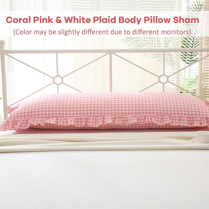 Coral Pink White Plaid Ruffled Gingham Body Pillow Cover, 100% Washed Cotton - Image 2