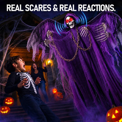 71" Halloween Hanging Skeleton Ghosts with Moving Grabbing Arm, Scary Sound & Glowing Red Eyes, 3 Pack Halloween Decorations Outdoor Flying Grim Reaper Set for Yard Porch Haunted House Props Décor