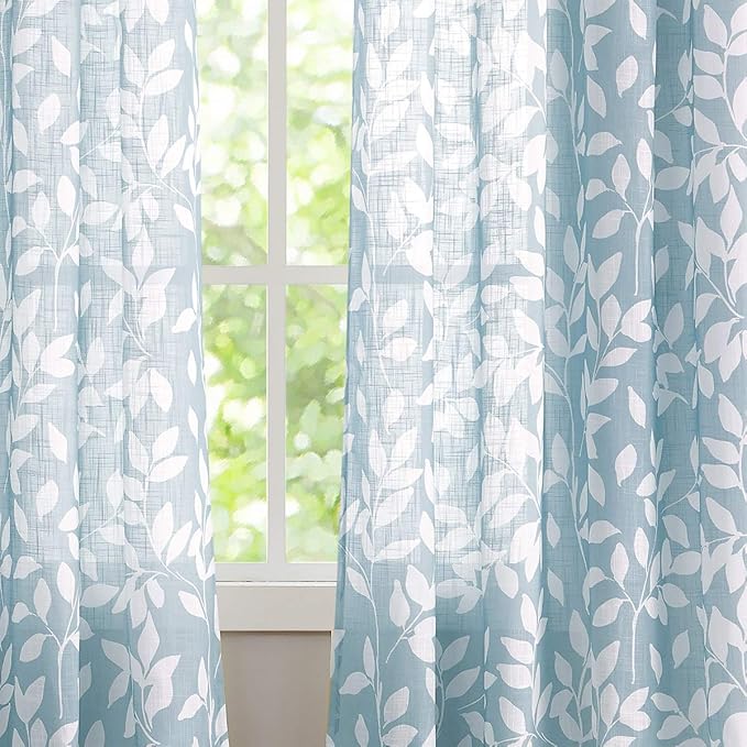 White Blue Curtains for Bedroom 72 inches Long Living Room Drapes Leaf Print - Image 5