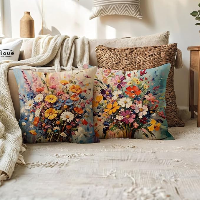 ULOVE LOVE YOURSELF Decorative Throw Pillow Case Oil Painting Floral Cushion - Image 4