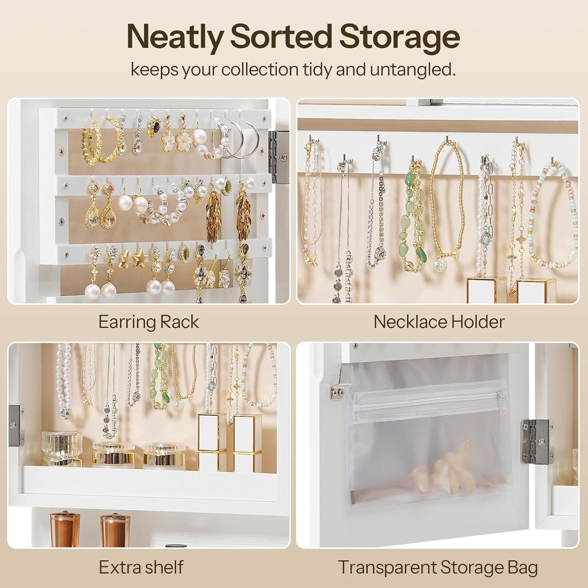 hoobro wall mounted jewelry cabinet, led jewelry armoire on a desk or shelf