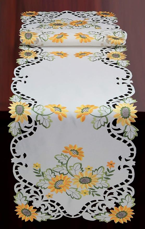 Creative Linens Sunflower Table Runner 15x69 Embroidered Cutwork Dresser Scarf by Creative+Linens