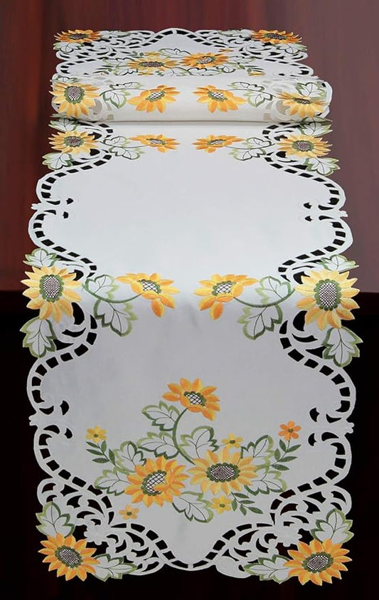 Creative Linens Sunflower Table Runner 15x69 Embroidered Cutwork Dresser Scarf by Creative+Linens