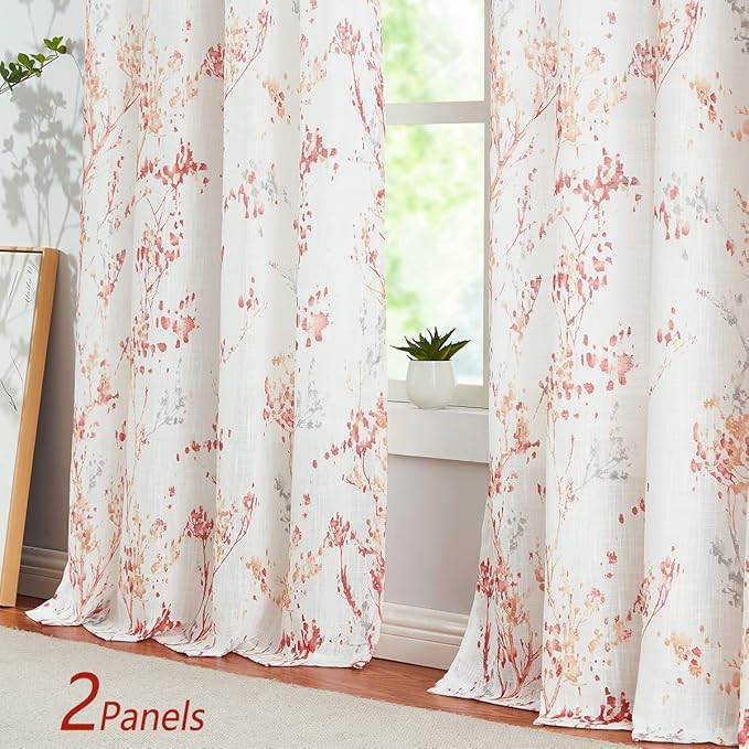 Branch Sheer White Curtains 96inch Long Red Tree Branch Semi Sheer Curtains - Image 3