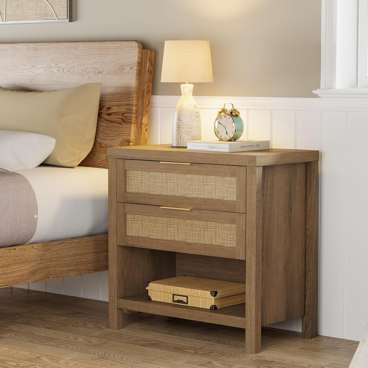 eclatara rattan nightstands with 2 drawers and storage showing dimensions