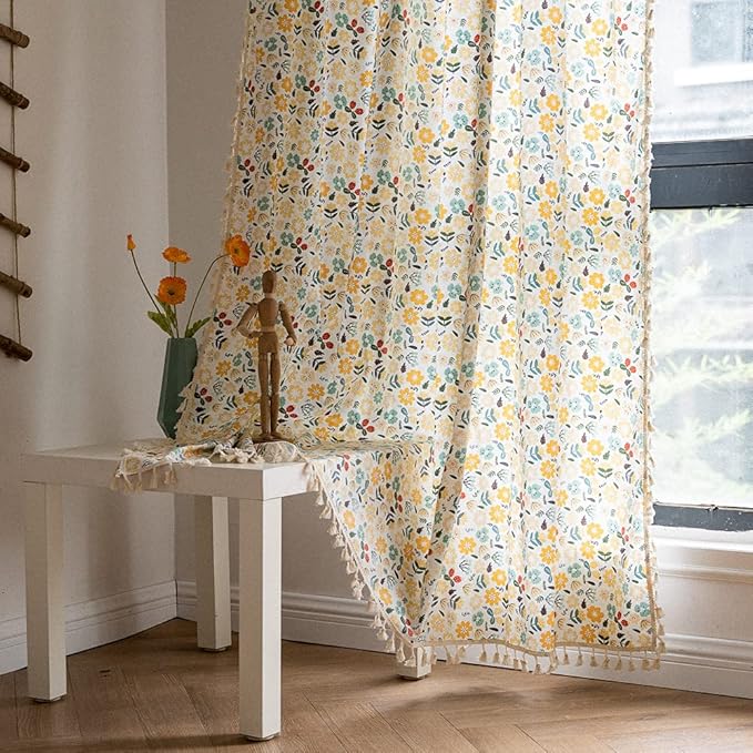ENJOYBRIDAL Floral Curtains 84 Inch Length 2 Panels Tassel Boho Semi-Sheer - Image 8