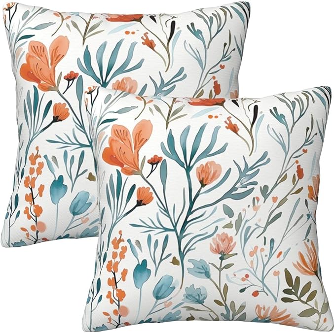 Turquoise Orange Floral Throw Pillow Covers 18x18 in Set of 2 Decorative Teal by Unknown