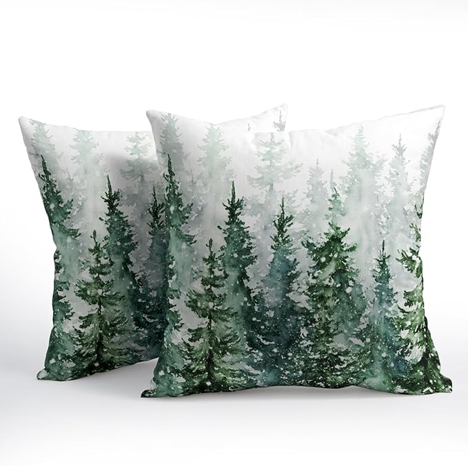 Winter Forest Pillow Covers 22x22 Inch 2Pcs Watercolor Green Misty Pine Tree - Image 3