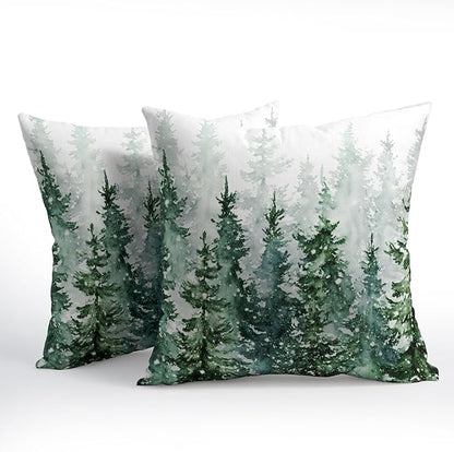 Winter Forest Pillow Covers 20x20 Inch 2Pcs Watercolor Green Misty Pine Tree - Image 2