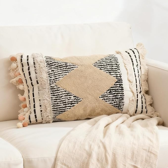 1Pc Boho Textured Lumbar Pillow Cover 12x 20, Diamond Woven Tufted Farmhouse by RinRinfam