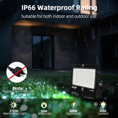 HEKEE LED Flood Light Outdoor, 50W RGB Color Changing Floodlight with Remote Control, RGBW 120 Colors, 2700K, 5000 Lumens, IP66 Waterproof, DIY Strobe Mode, Timing, for Halloween/Christmas (2 Pack)