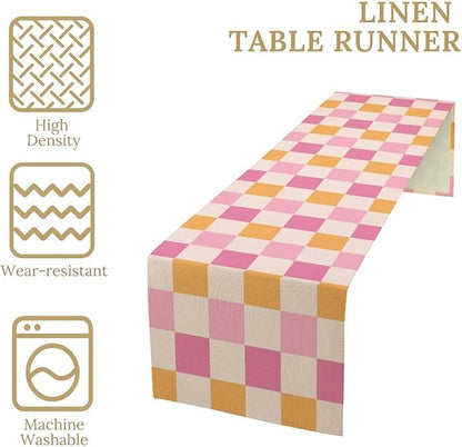 Pink Checkered Table Runner, Vintage 70s Abstract Cute Modern Hippie Table - Image 6