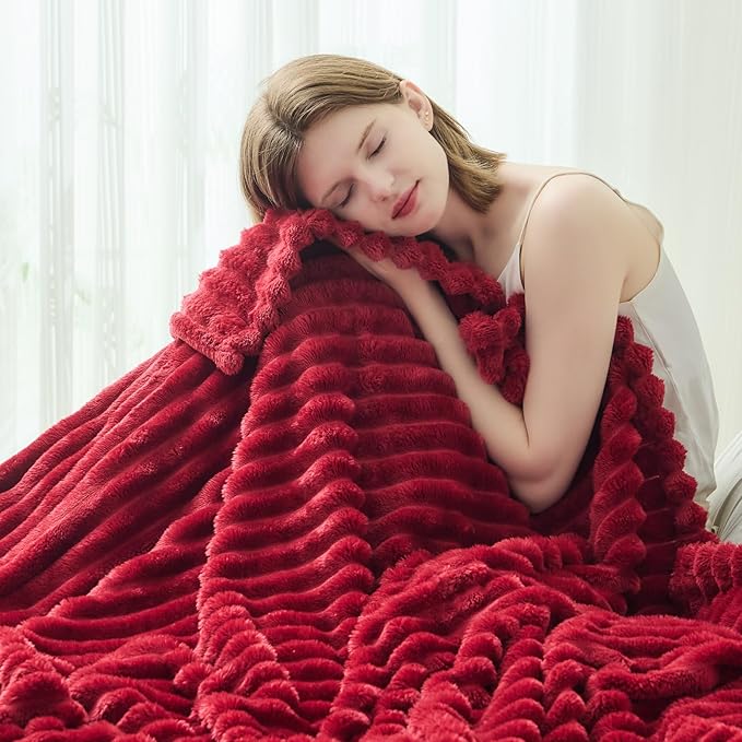 NEWCOSPLAY Super Soft King Blanket Red Premium Silky Flannel Fleece 3D Ribbed - Image 7