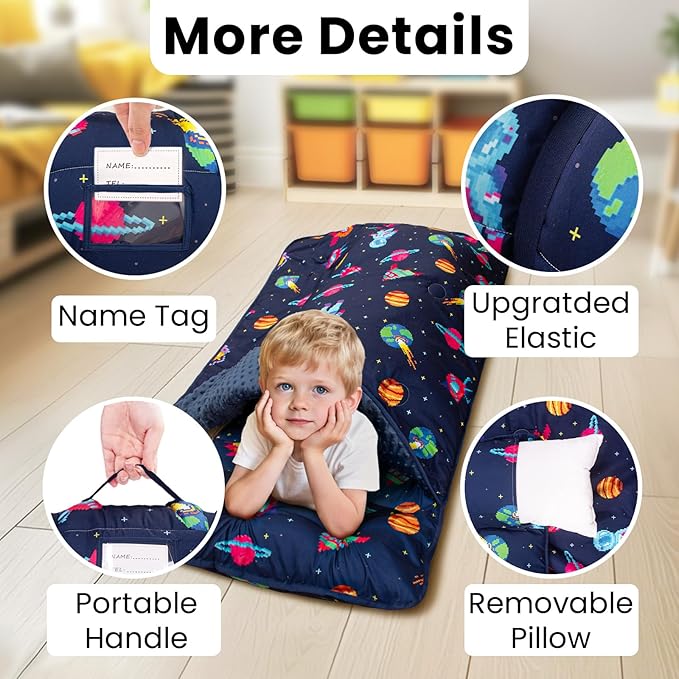 Toddler Nap Mat with Pillow and Minky Blanket, Large 55"x35" Sleeping Bag - Image 5