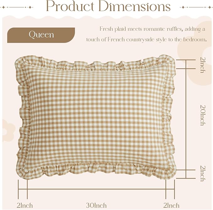 KKJIAF 2 Pcs Plaid Ruffle Pillow Case Queen Size, Cotton Gingham Ruffled Euro - Image 2