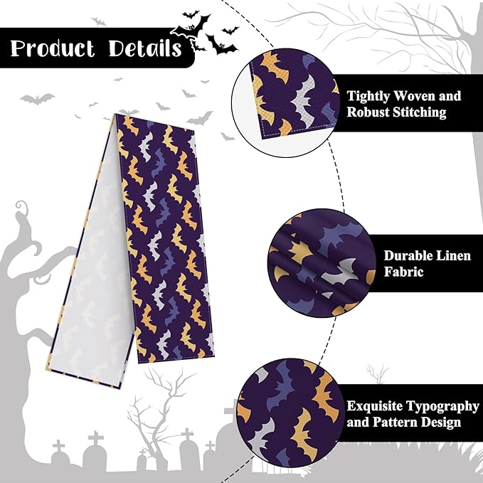 Happy Halloween Table Runner Purple Yellow White Bats Seasonal Holidays Indoor - Image 7