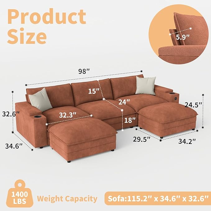 115" U Shaped Cloud Sofa Couch - Image 2
