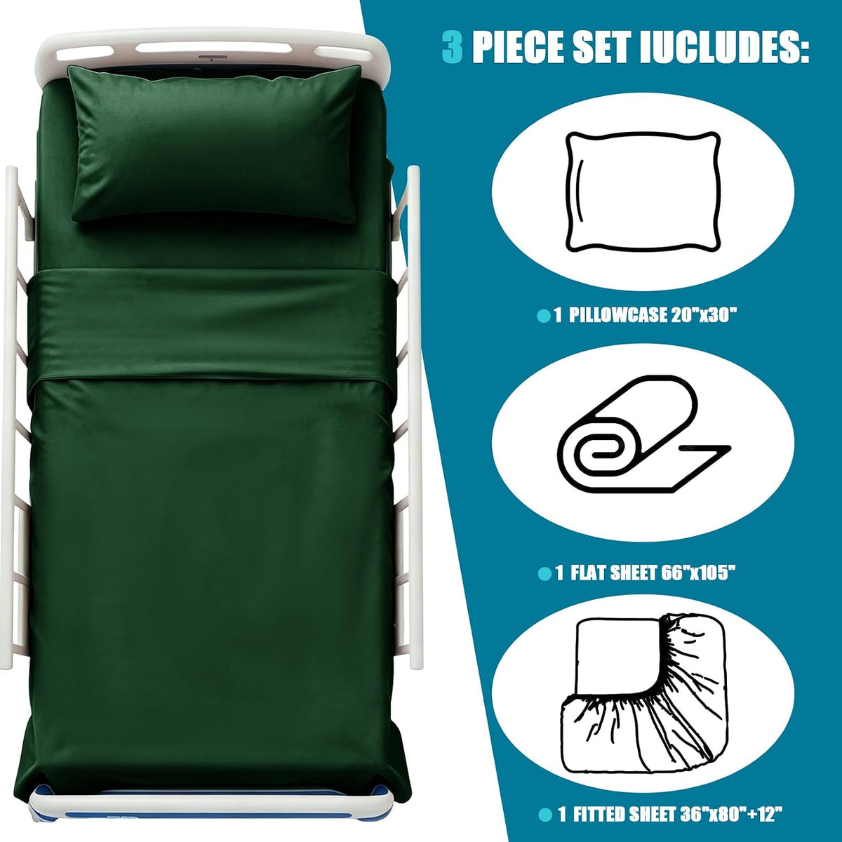 kkjiaf 3 piece dark green cotton hospital bed, close-up detail