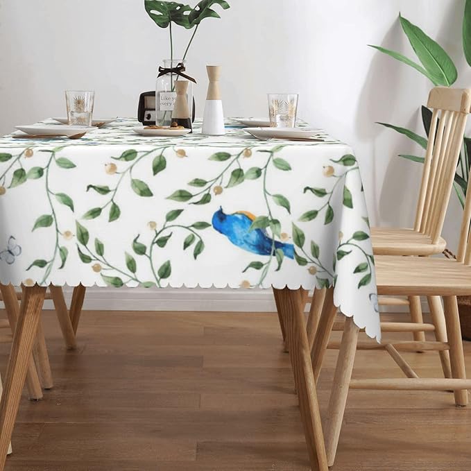 Blue Birds Tablecloth Watercolor Floral Butterfly Sage Green Leaves Branches - Image 4