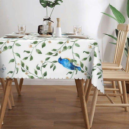 Blue Birds Tablecloth Watercolor Floral Butterfly Sage Green Leaves Branches - Image 4