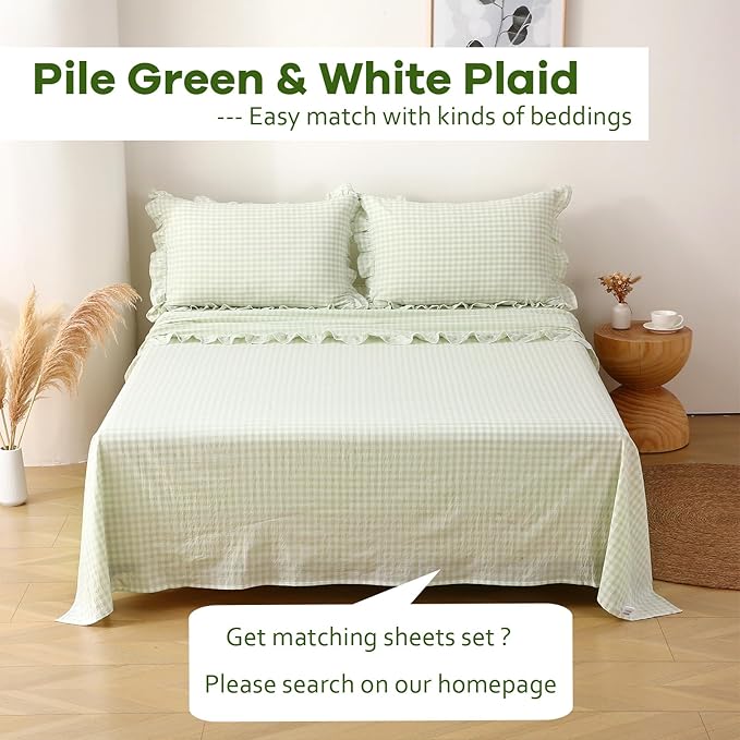 2 Pack Pile Green White Plaid Ruffle Gingham King Size Pillow Shams, 100% - Image 2