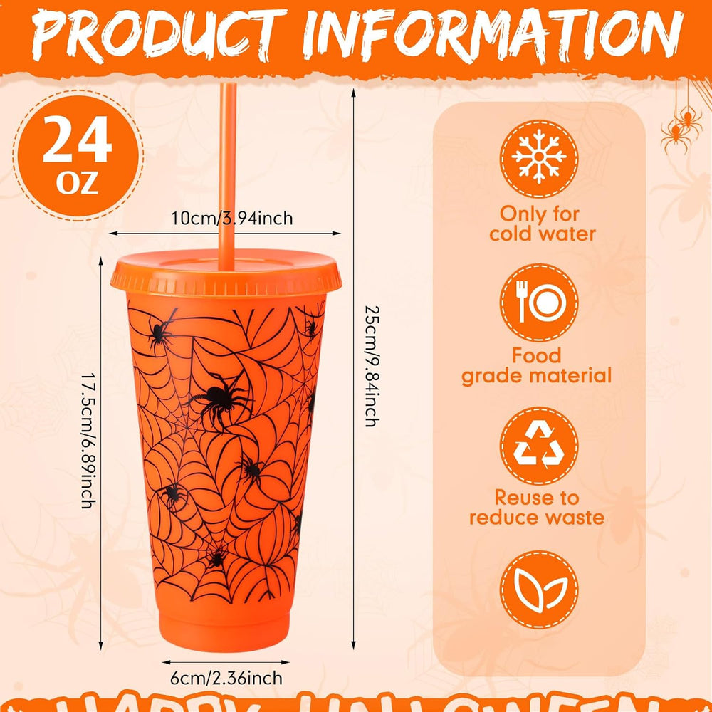 Funnymoom 24 Pcs Orange Halloween Spiderweb Plastic Cups Bulk, 24 oz