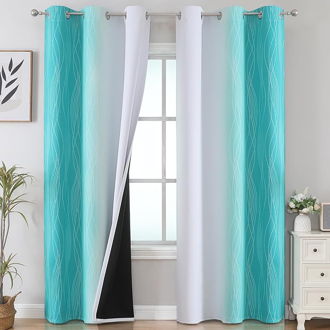 Estelar Textiler Teal and Greyish White Room Darkening Blackout Curtains 84 by ESTELARTEXTILER