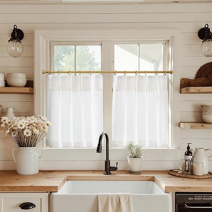 jinchan Linen Pinch Pleated Kitchen Curtains 30 Inch 2 Panels, Natural Linen by JINCHAN