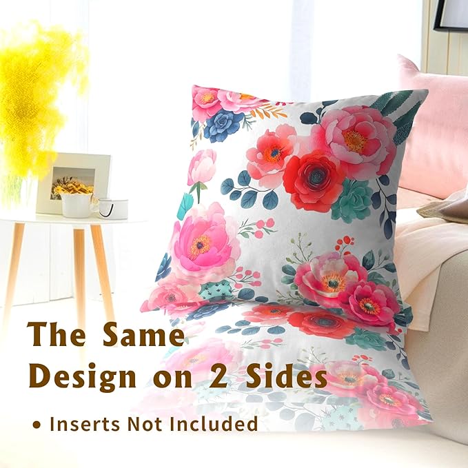 Watercolor Peony Throw Pillow Covers 18x18 Inch Set of 2 Pink Floral Girly - Image 5