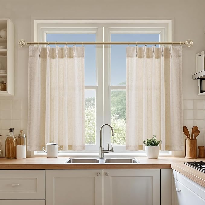 Short Natural Pinch Pleated Linen Kitchen Curtains 30 Inch Length 2 Panels Set - Image 8